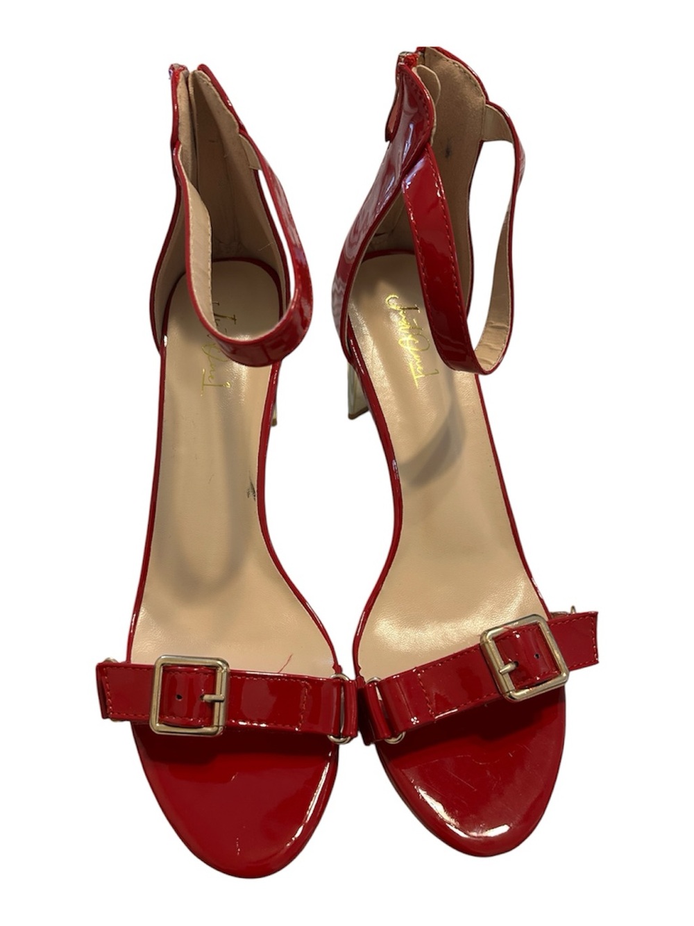 Sleek Red Patent Ankle-Strap Heels with Buckle Accent